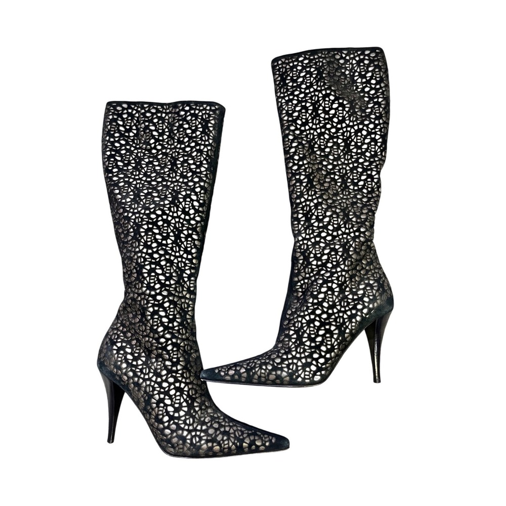 St. John Black‎ Suede Laser Cut Knee High Boots Pointed Toe Stiletto Italy 7.5B - Picture 2 of 11